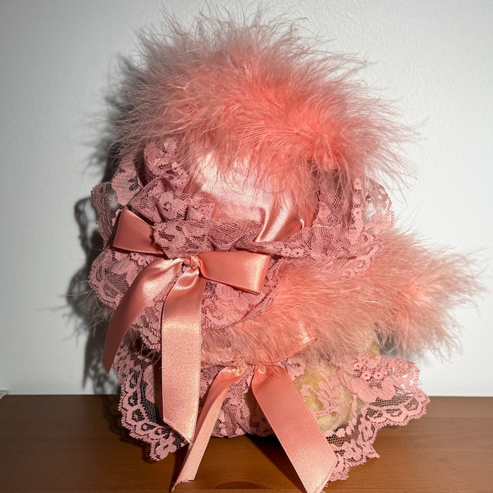 Vintage Pink Lace and Feather Teddy Bear - Picture 2 of 2